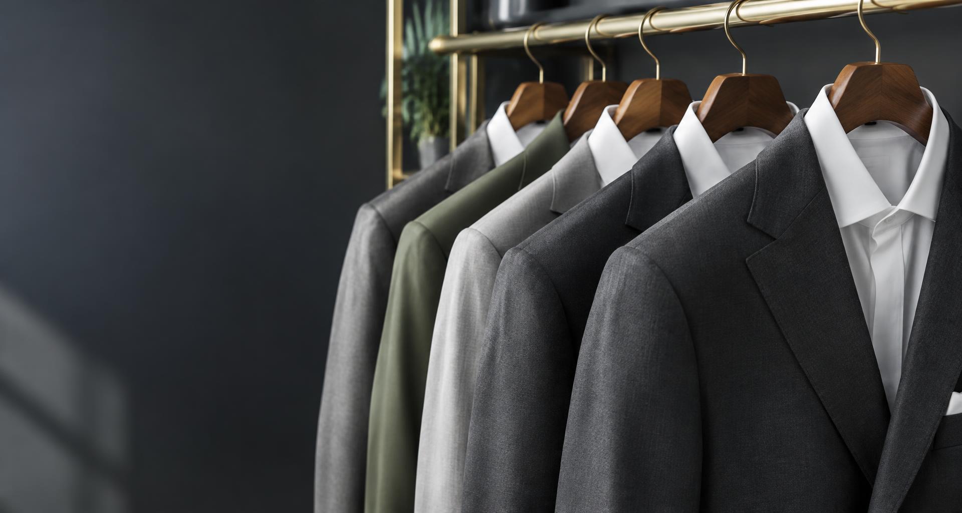Beautifully finished suits and crisp shirts on wooden hangers